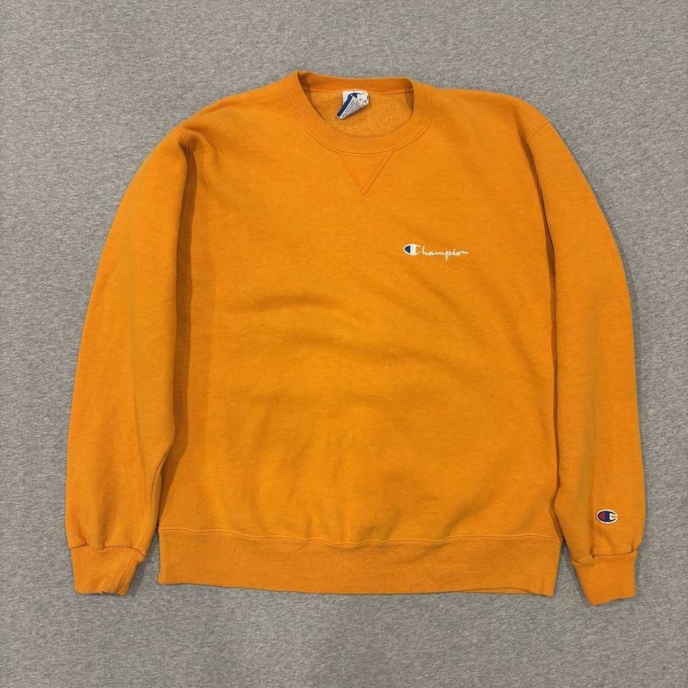 VINTAGE Champion Made In USA Pullover Sweater Men's Size L Orange Embroidered